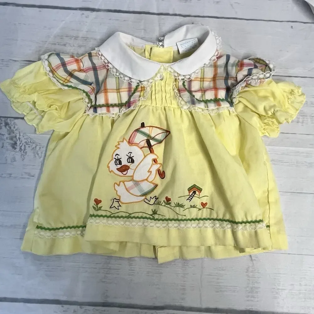 Vintage Set of 2 Cradle Togs Dress sz 9-12 Months Yellow Duck Purple Embroidery